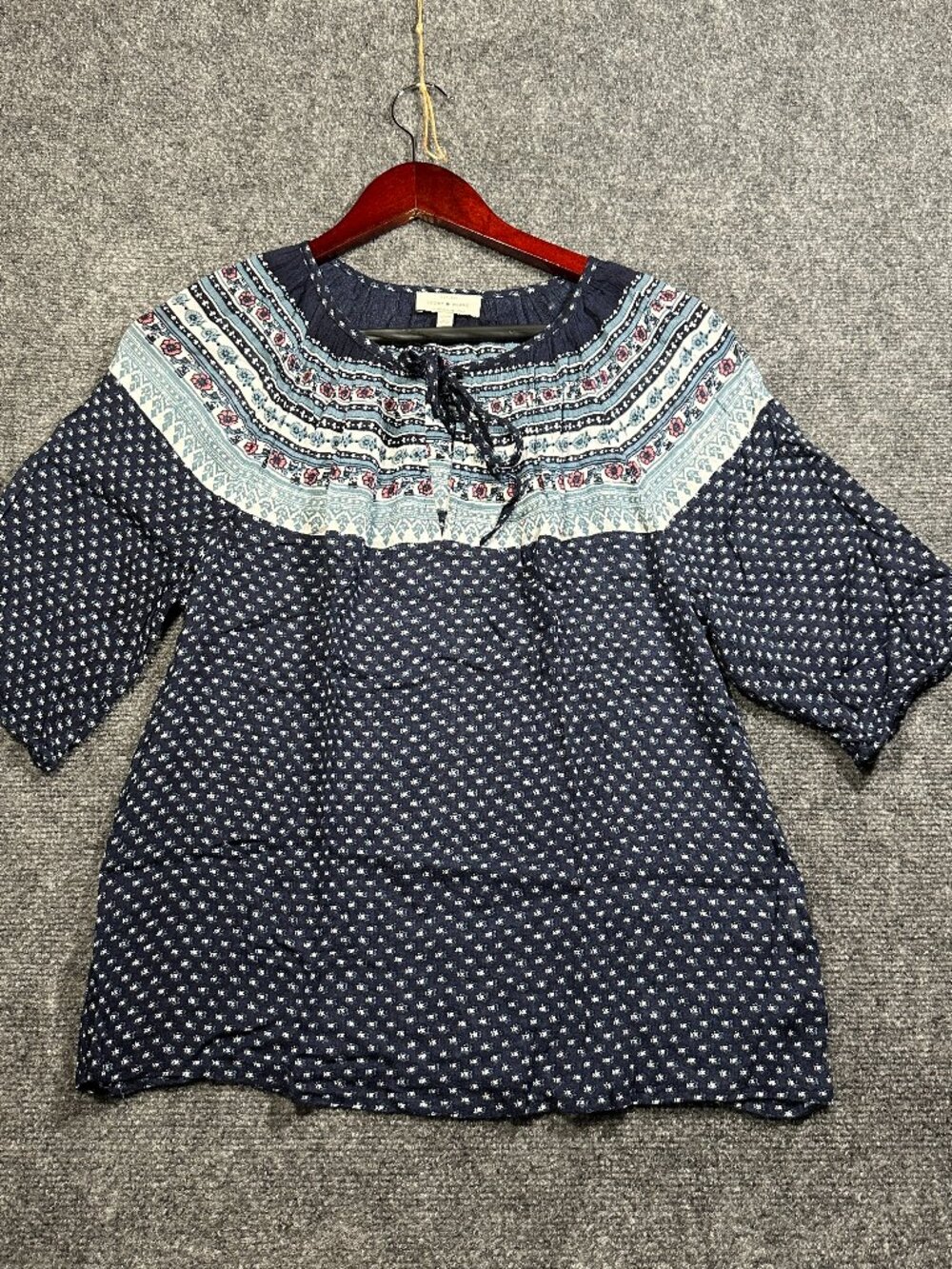 Lucky Brand Top Womens Medium 3/4 Sleeve Cotton Print Neck Keyhole Tie Bohemian